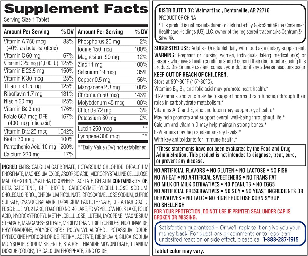 Equate Mature Adult 50+ tablets close-up for daily wellness
