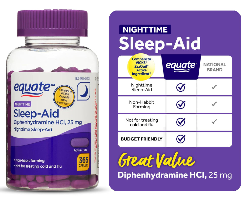 Equate Nighttime Sleep-Aid caplets on a nightstand ready for bedtime use