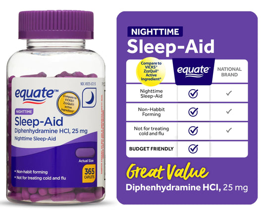 Equate Nighttime Sleep-Aid caplets on a nightstand ready for bedtime use