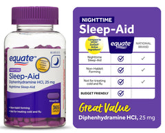Equate Nighttime Sleep-Aid caplets on a nightstand ready for bedtime use