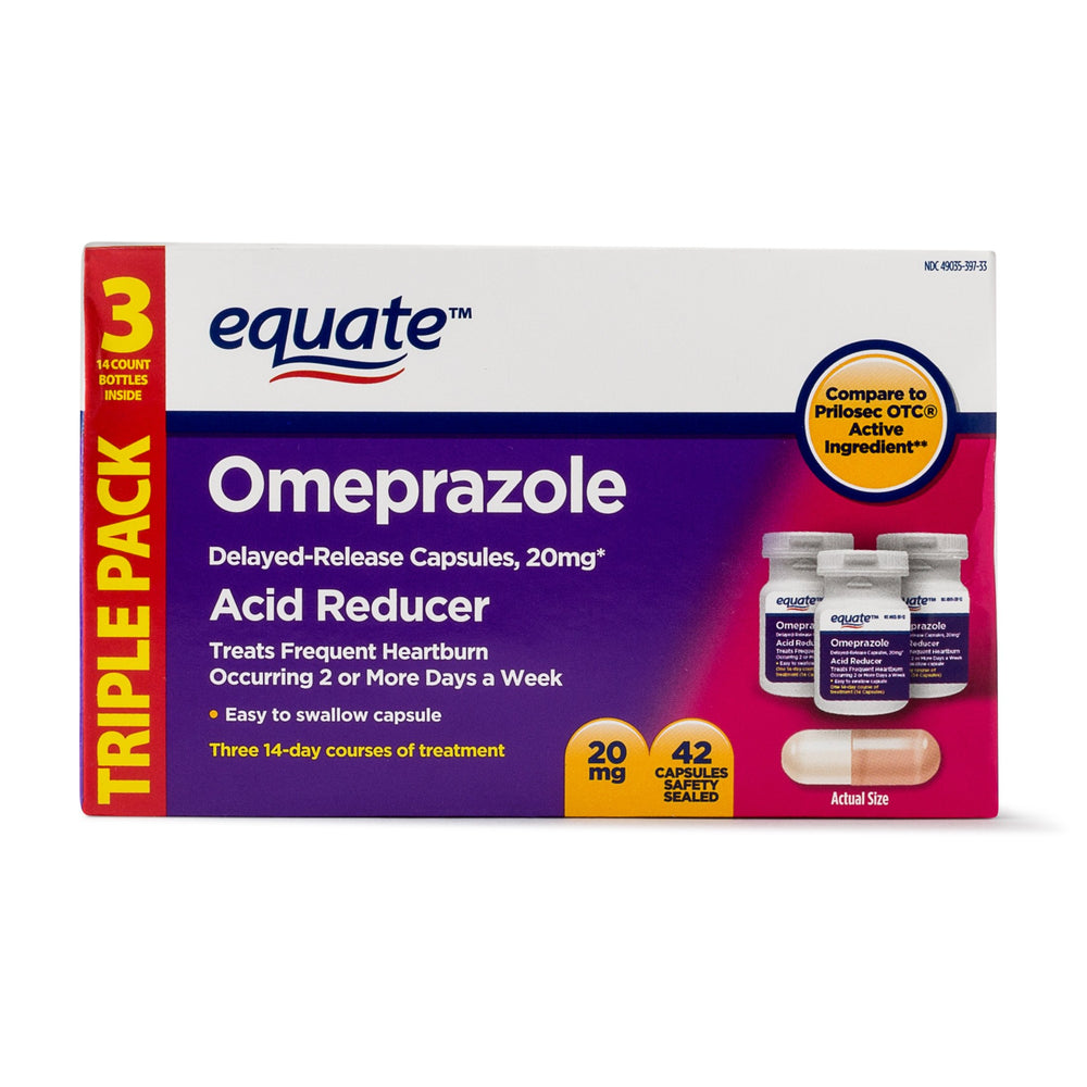 Equate Omeprazole Magnesium delayed-release capsules in a bottle, supporting daily heartburn management.