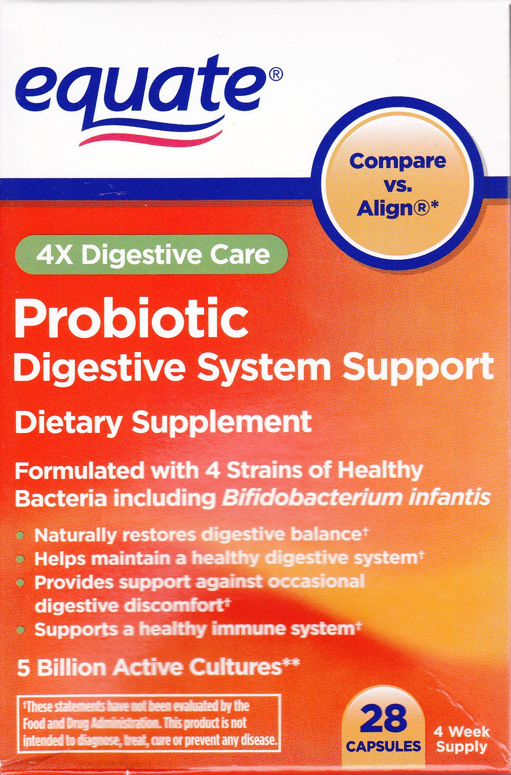 Equate Probiotic 4X Digestive Care bottle with capsules for daily digestive support