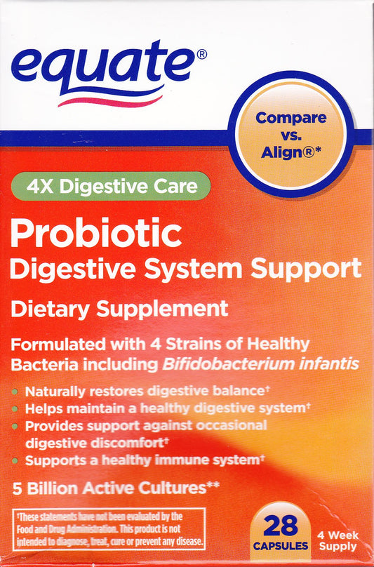 Equate Probiotic 4X Digestive Care bottle with capsules for daily digestive support