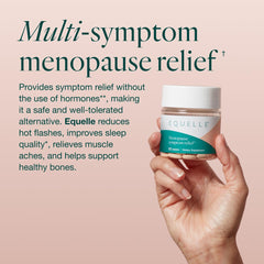 Equelle capsules close-up showcase plant-based S-Equol benefits for comfort.