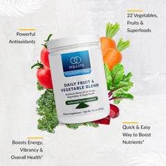 EquiLife Daily Fruit and Vegetable Blend ingredients showcase 22 organic fruits and vegetables.