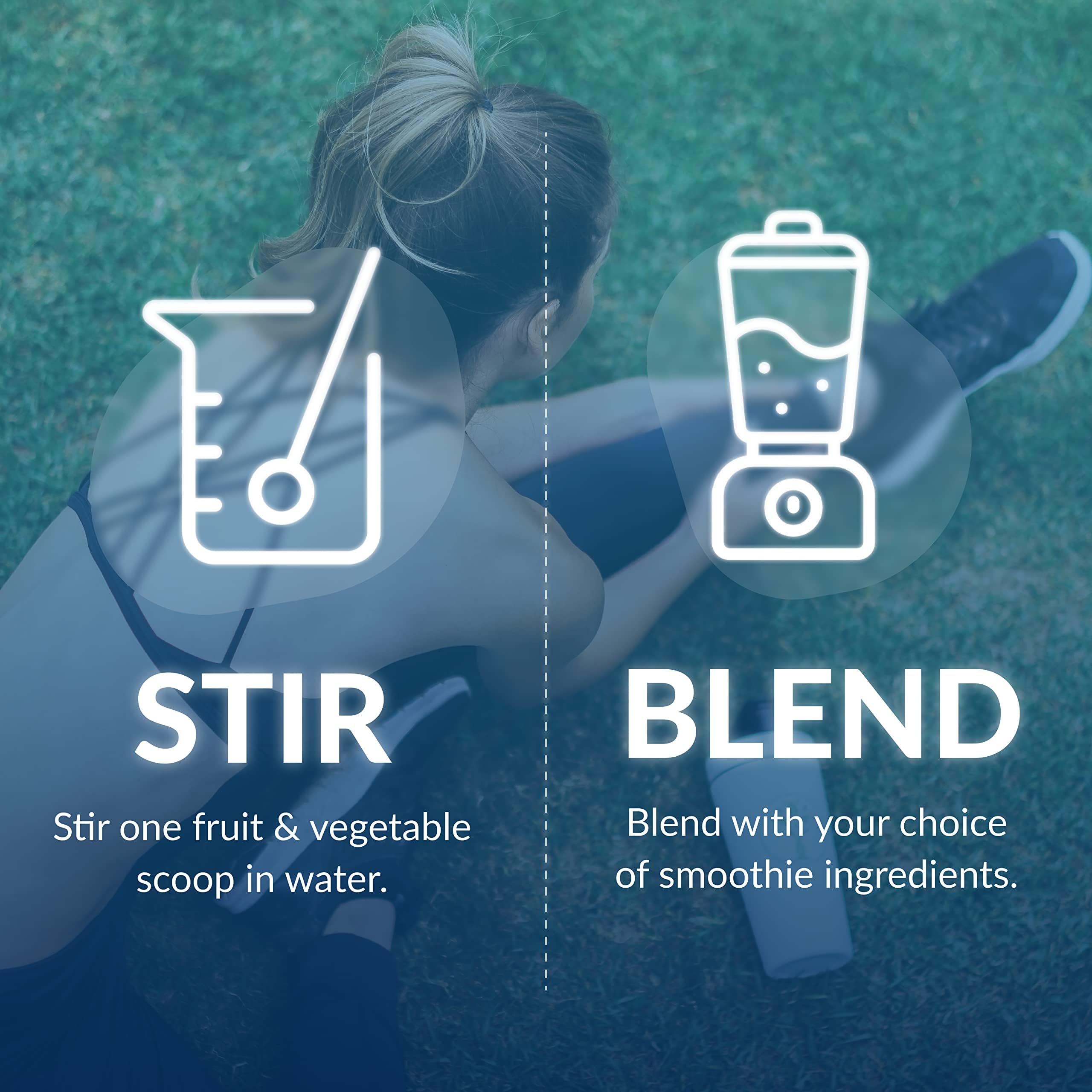 EquiLife Daily Fruit and Vegetable Blend mixed with nut milk for a nutrient-dense drink.