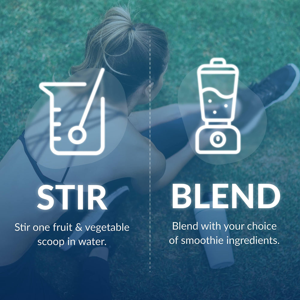 EquiLife Daily Fruit and Vegetable Blend mixed with nut milk for a nutrient-dense drink.