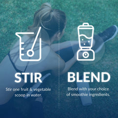 EquiLife Daily Fruit and Vegetable Blend mixed with nut milk for a nutrient-dense drink.