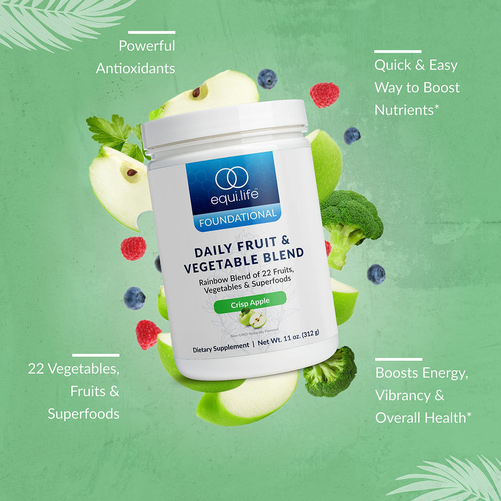 Equilife daily fruit and vegetable blend mixing glass demonstrates quick shake-ready nutrition.