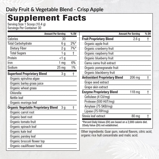 Equilife daily fruit and vegetable blend scoop close-up indicates convenient daily nutrition.