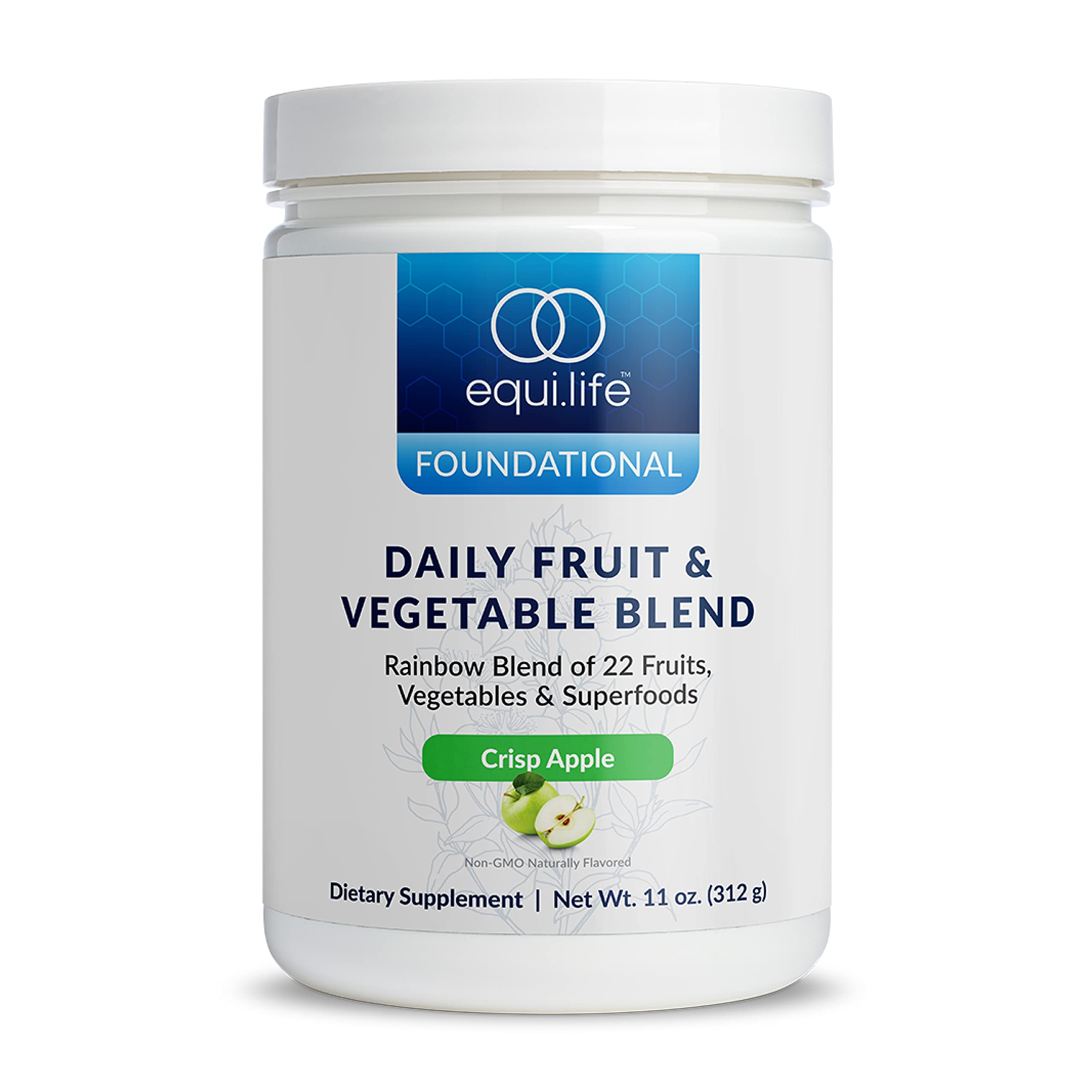 Equilife daily fruit and vegetable blend tub front shows vegan antioxidant formula for daily wellness.