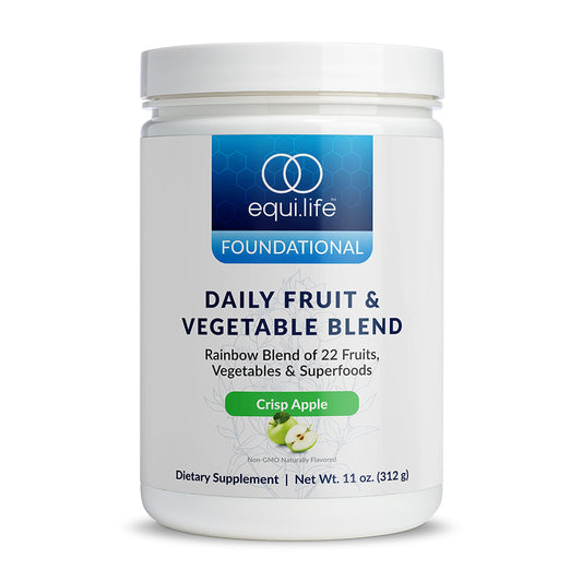 Equilife daily fruit and vegetable blend tub front shows vegan antioxidant formula for daily wellness.