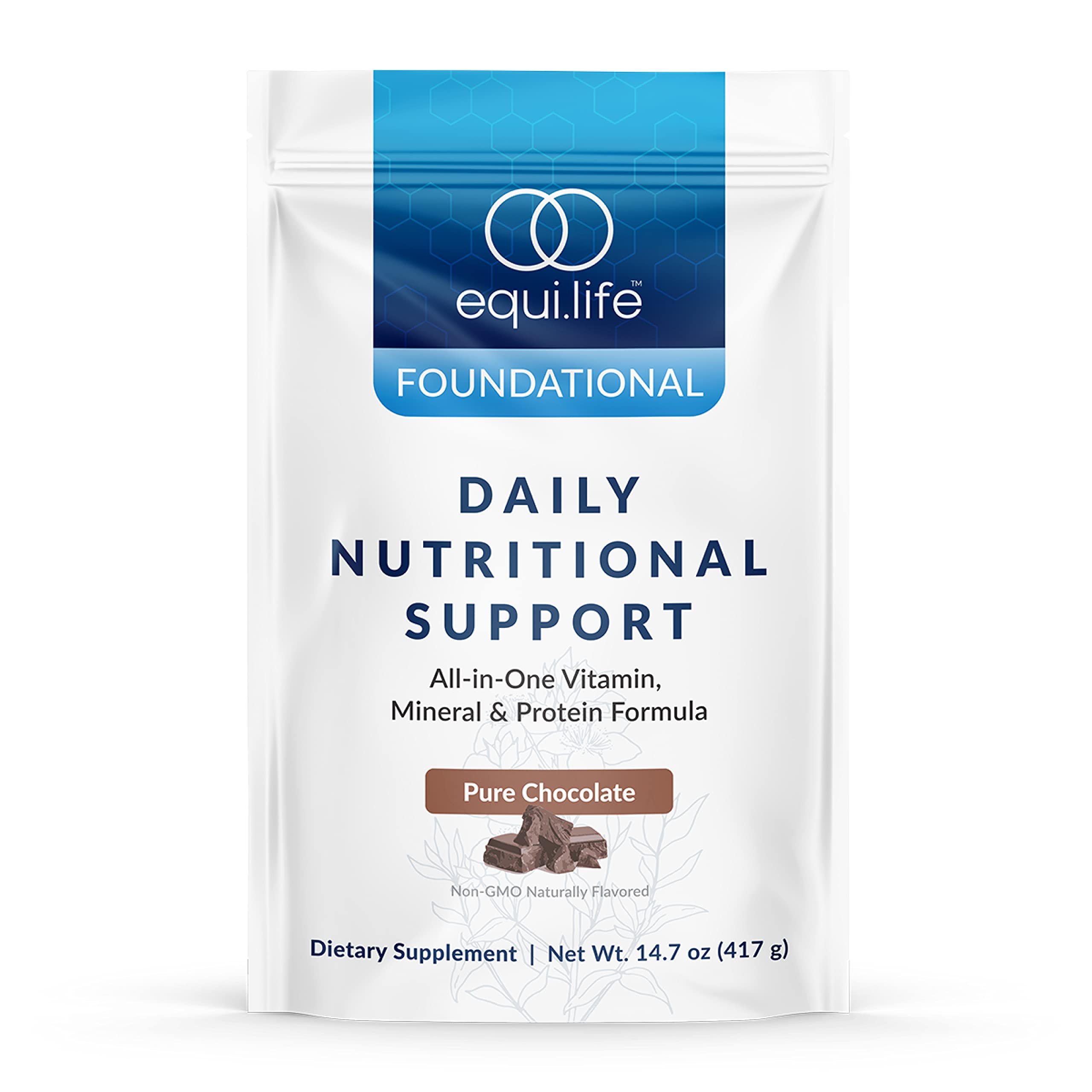 Equilife Daily Nutritional Support chocolate powder in tub for convenient meal replacement.