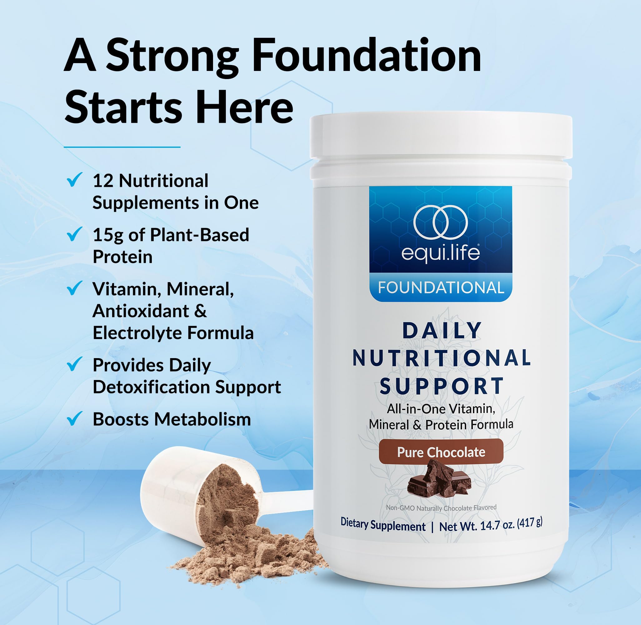 Equilife chocolate shake prep shows a quick on-the-go meal replacement option.