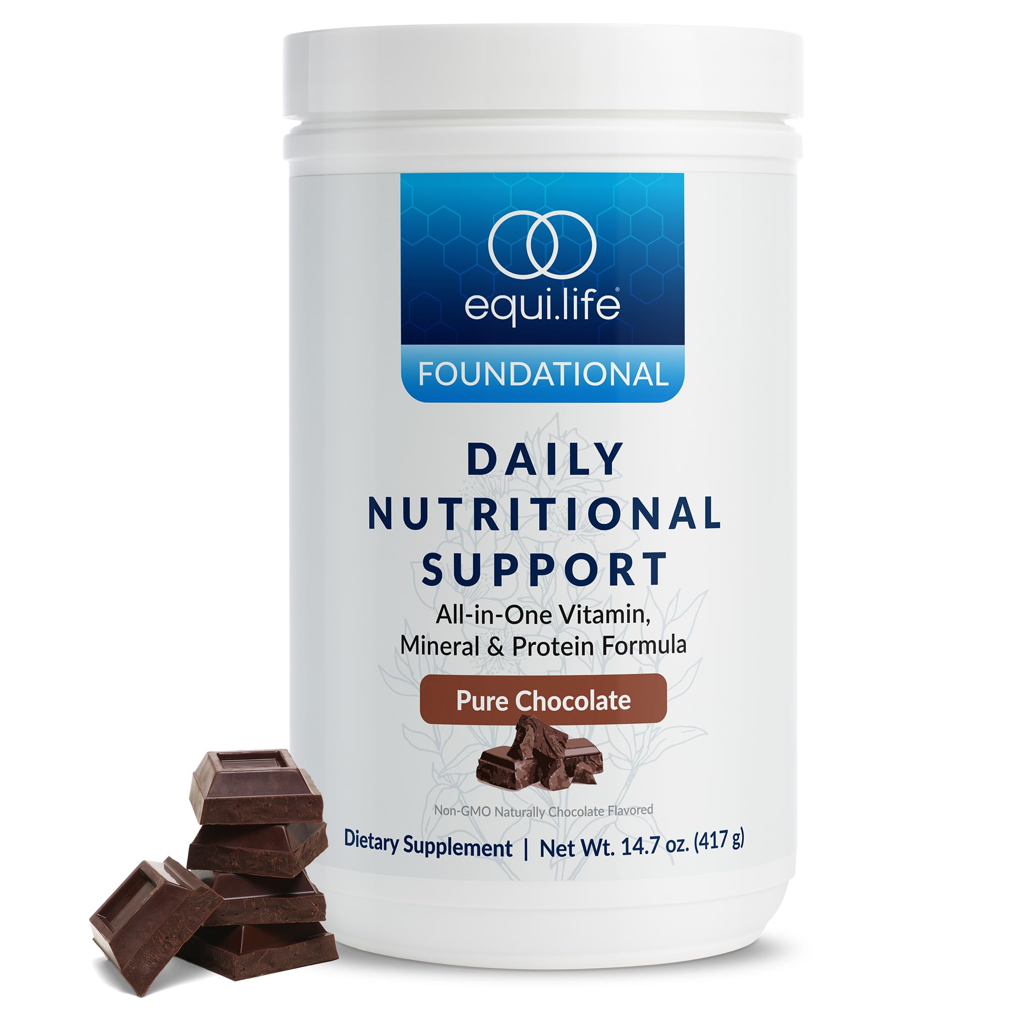 Equilife Daily Nutritional Support chocolate tub highlights 14 servings for convenient daily nutrition.