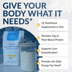 Equilife Daily Nutritional Support electrolyte blend label close-up, supports hydration during activity.