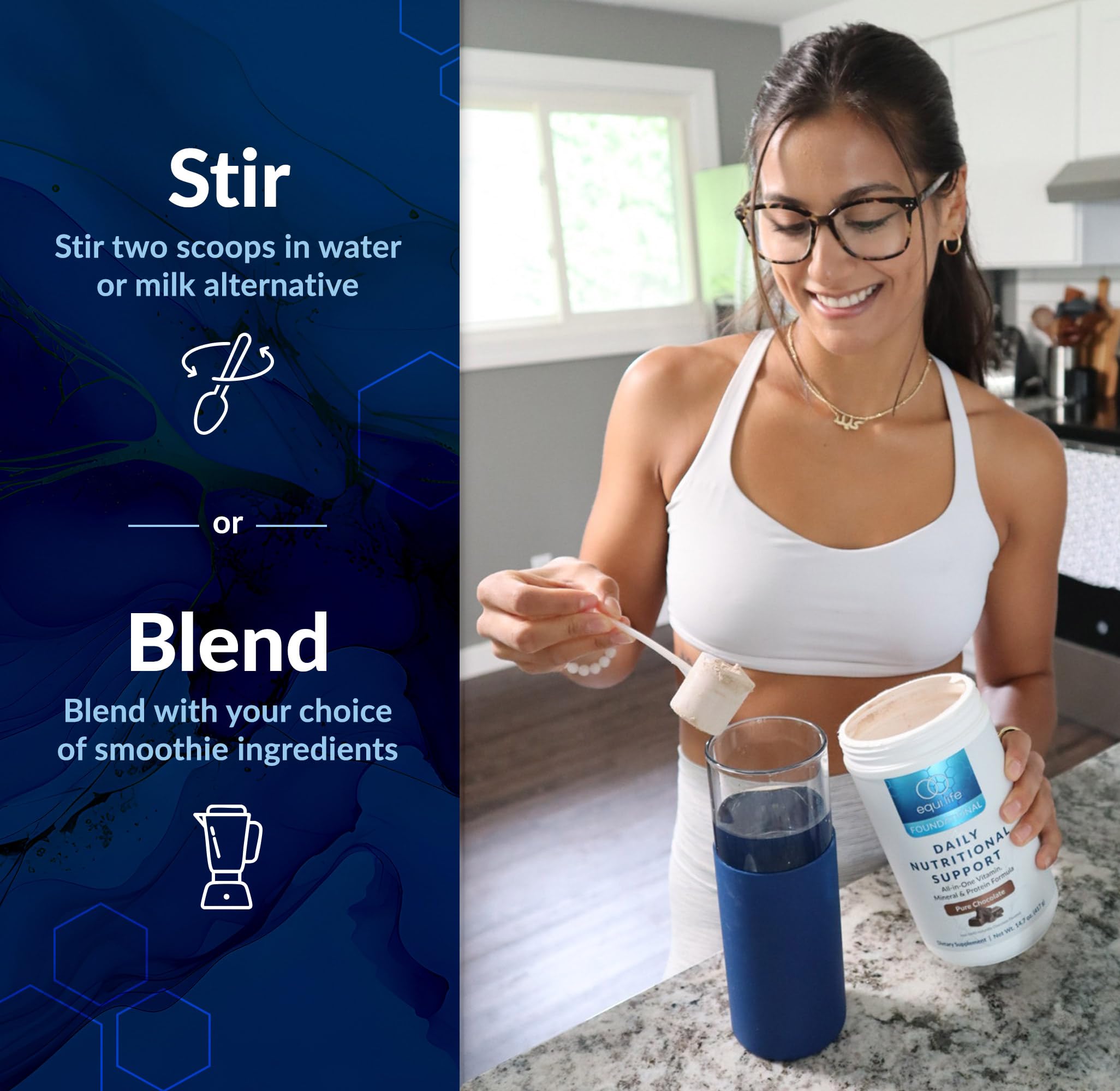 Equilife pea protein scoop highlights a plant-based protein source.