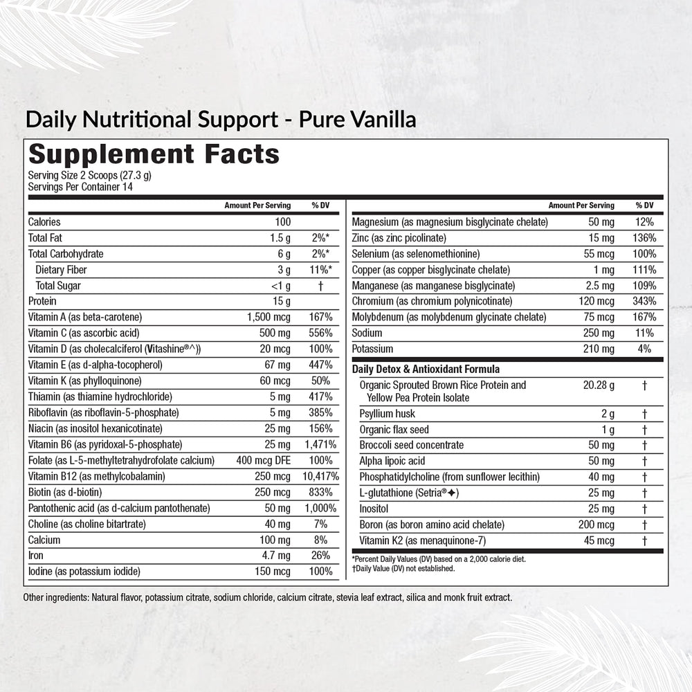 Equilife Daily Nutritional Support vanilla shake being poured, plant-based protein for energy on the go.