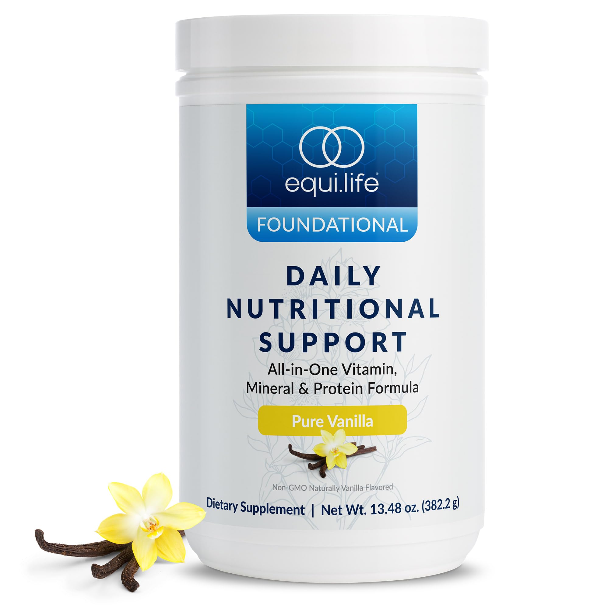 Equilife Daily Nutritional Support vanilla shake in glass for convenient on-the-go nutrition.