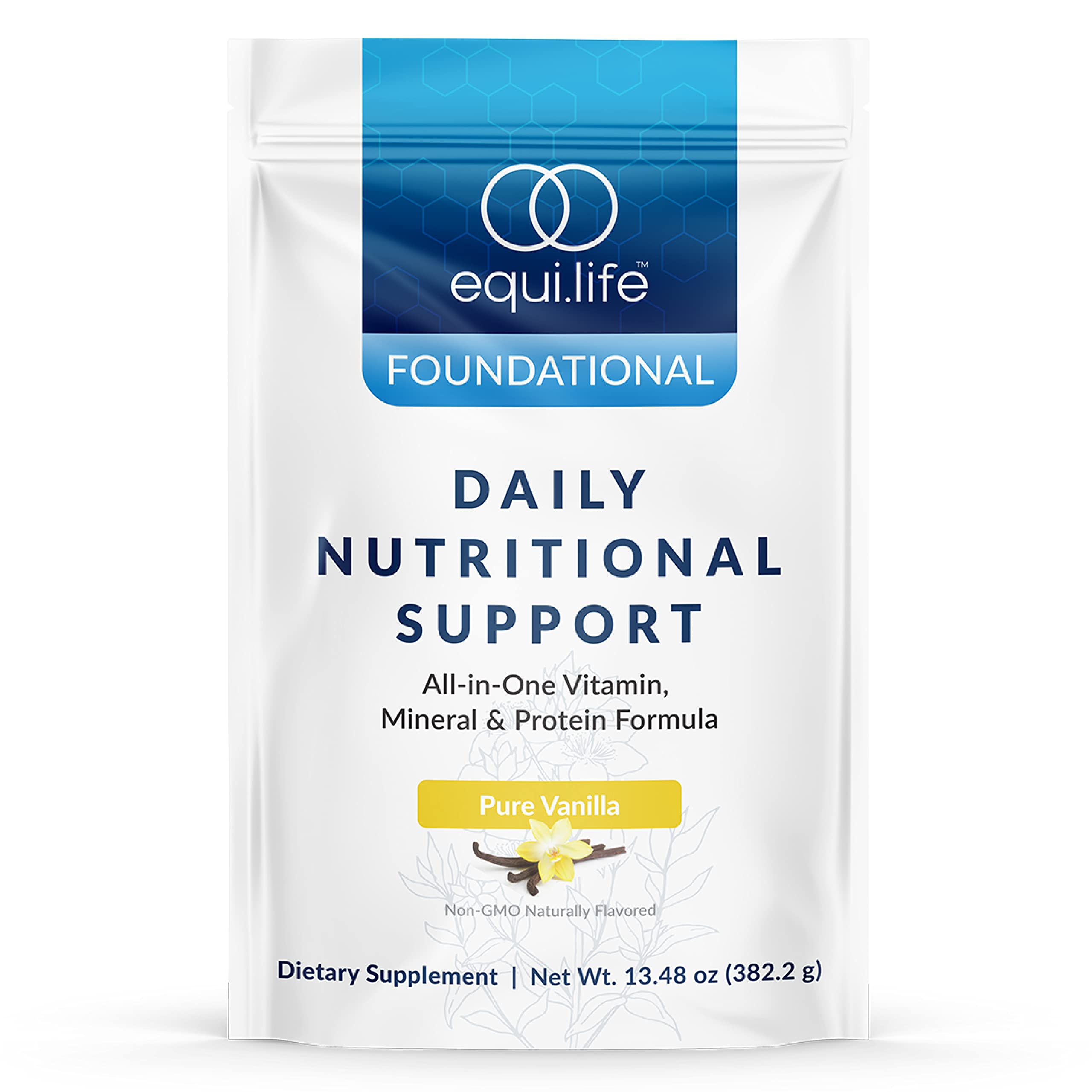 Equilife Daily Nutritional Support vanilla tub front, convenient meal replacement for busy days.
