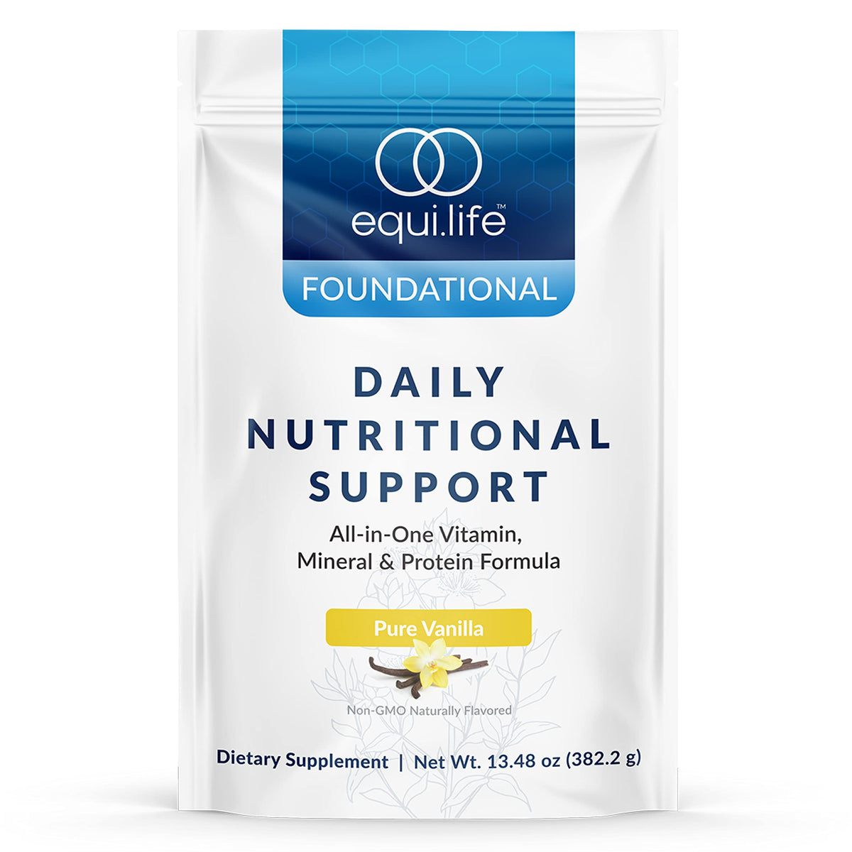 Equilife Daily Nutritional Support vanilla tub front, convenient meal replacement for busy days.