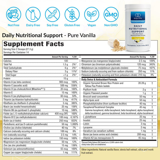 Equilife Daily Nutritional Support vegan protein scoop for quick fueling during workouts.