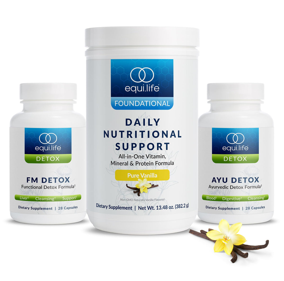 Equilife Dr. Cabral Detox packaging shows the 7-day program for balanced daily nutrition.