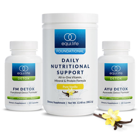 Equilife Dr. Cabral Detox packaging shows the 7-day program for balanced daily nutrition.