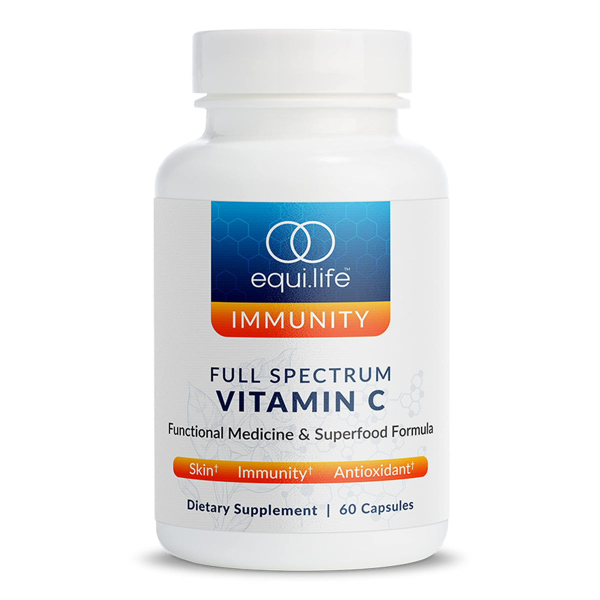 Equilife full-spectrum vitamin C bottle highlighting plant-based antioxidant formula for daily wellness