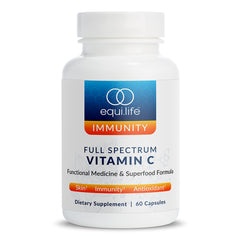 Equilife full-spectrum vitamin C bottle highlighting plant-based antioxidant formula for daily wellness