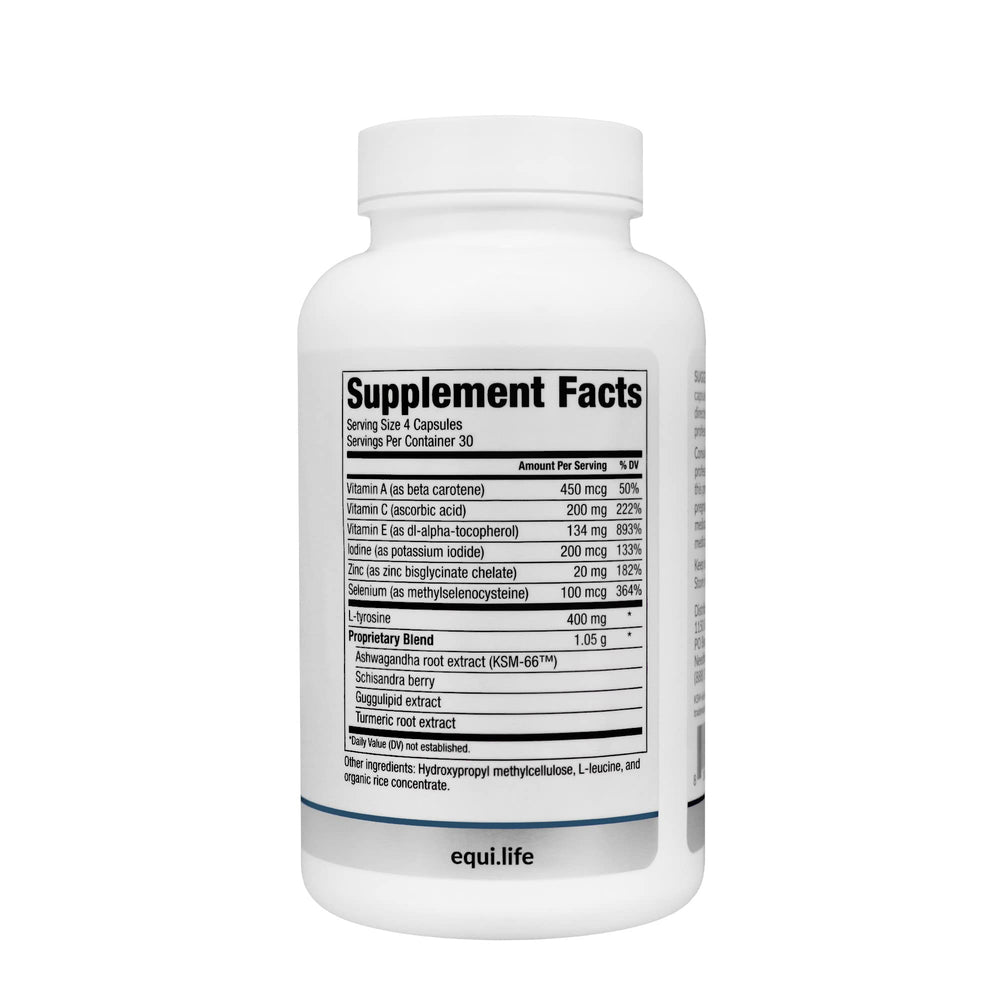 Equilife Thyroid Support ingredients panel highlights essential minerals.