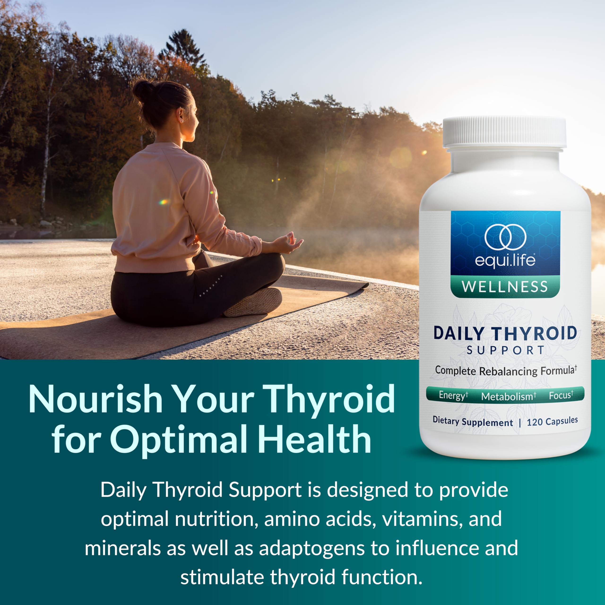 Equilife Thyroid Support label explains non-GMO and dairy-free benefits.