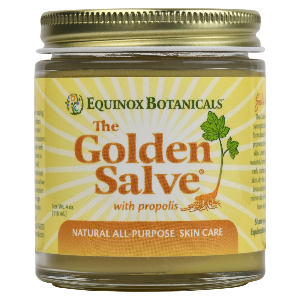 Equinox Botanicals Golden Salve bottle showing a nourishing, skin-softening formula.