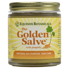 Equinox Botanicals Golden Salve bottle showing a nourishing, skin-softening formula.