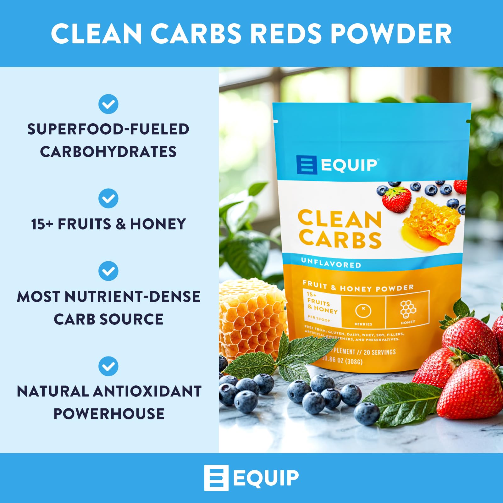 Equip Clean Carbs unflavored powder blends easily into shakes for steady carbohydrate replacement.