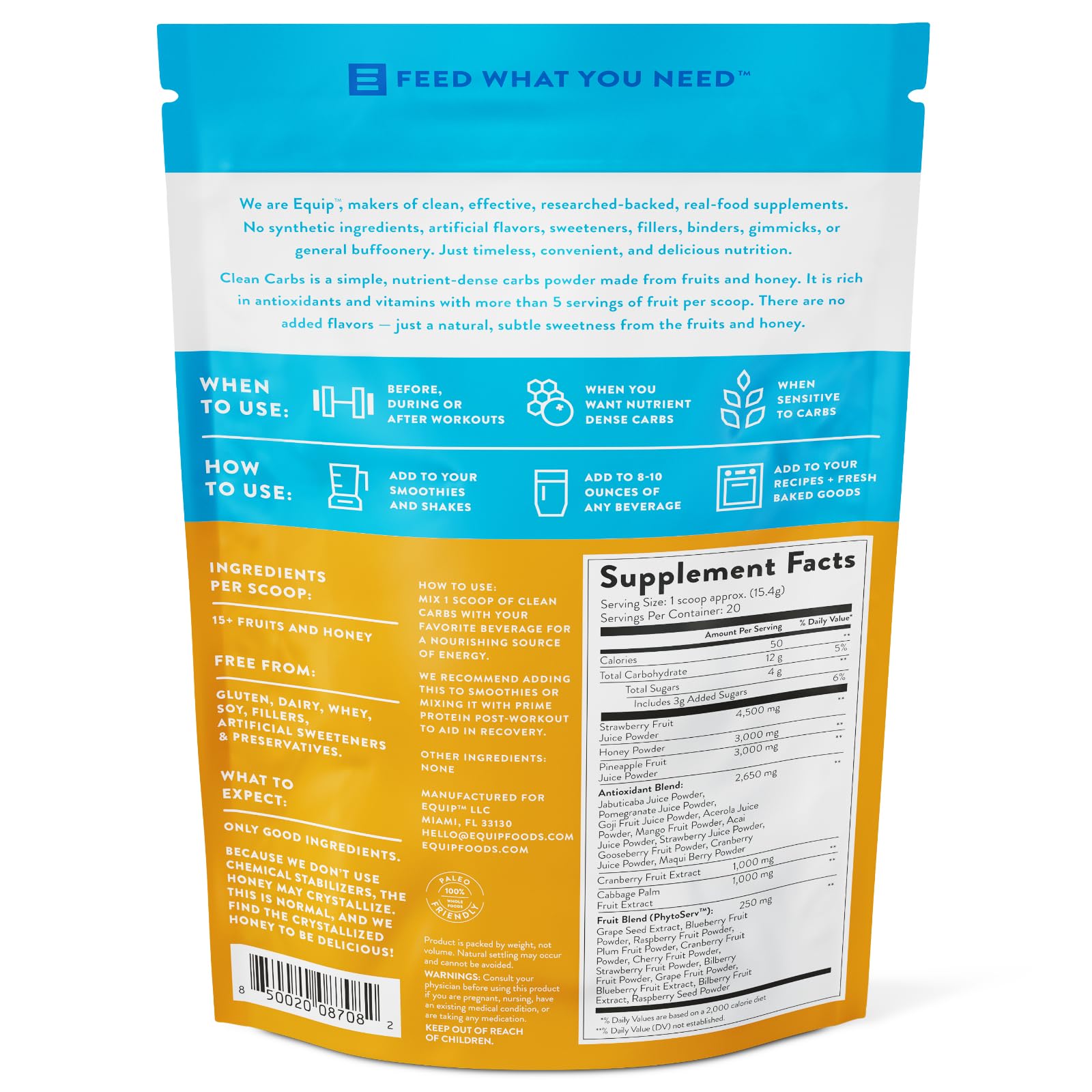 Equip Clean Carbs unflavored packaging highlights 20 servings and versatile use.