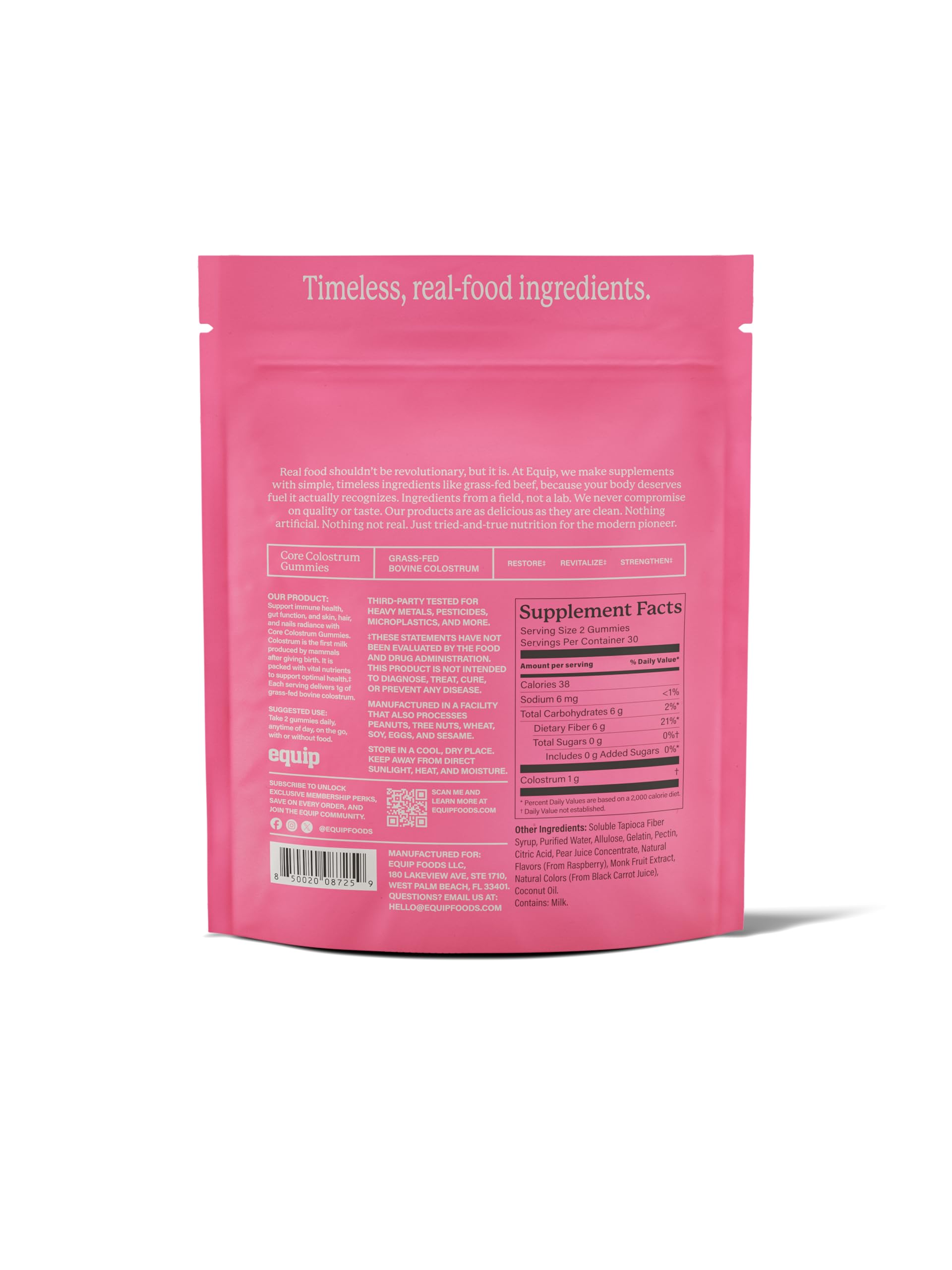 Equip Core Bovine Colostrum Gummies packaging front showing 60 gummies and servings