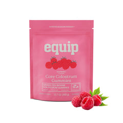 Equip Core Bovine Colostrum Gummies bottle showcasing raspberry flavor and branding for daily immune support