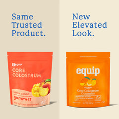 Equip Foods Core Bovine Colostrum Gummies jar-label-closeup shows USA-sourced grass-fed ingredients
