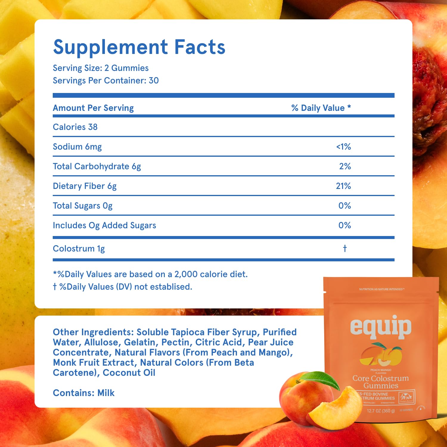 Equip Foods Core Bovine Colostrum Gummies packaging-note highlights product features at a glance