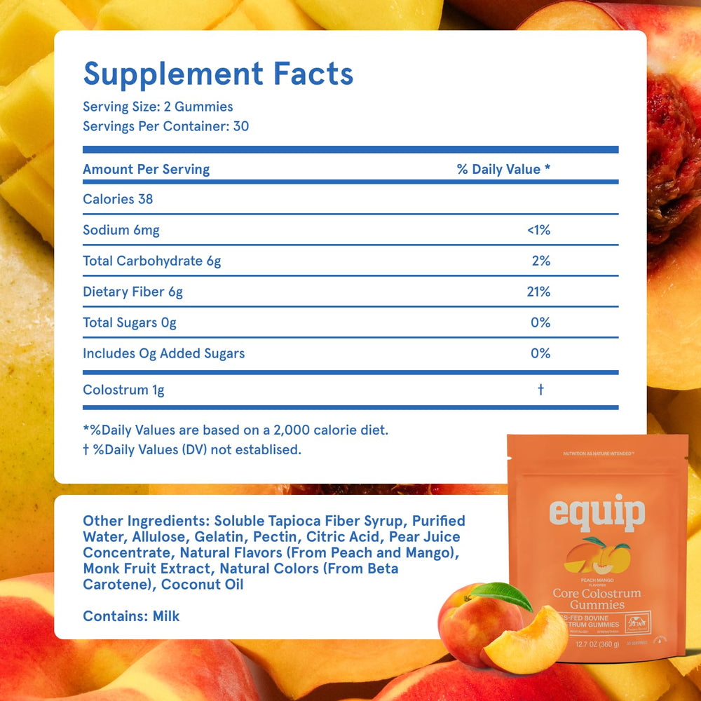 Equip Foods Core Bovine Colostrum Gummies packaging-note highlights product features at a glance