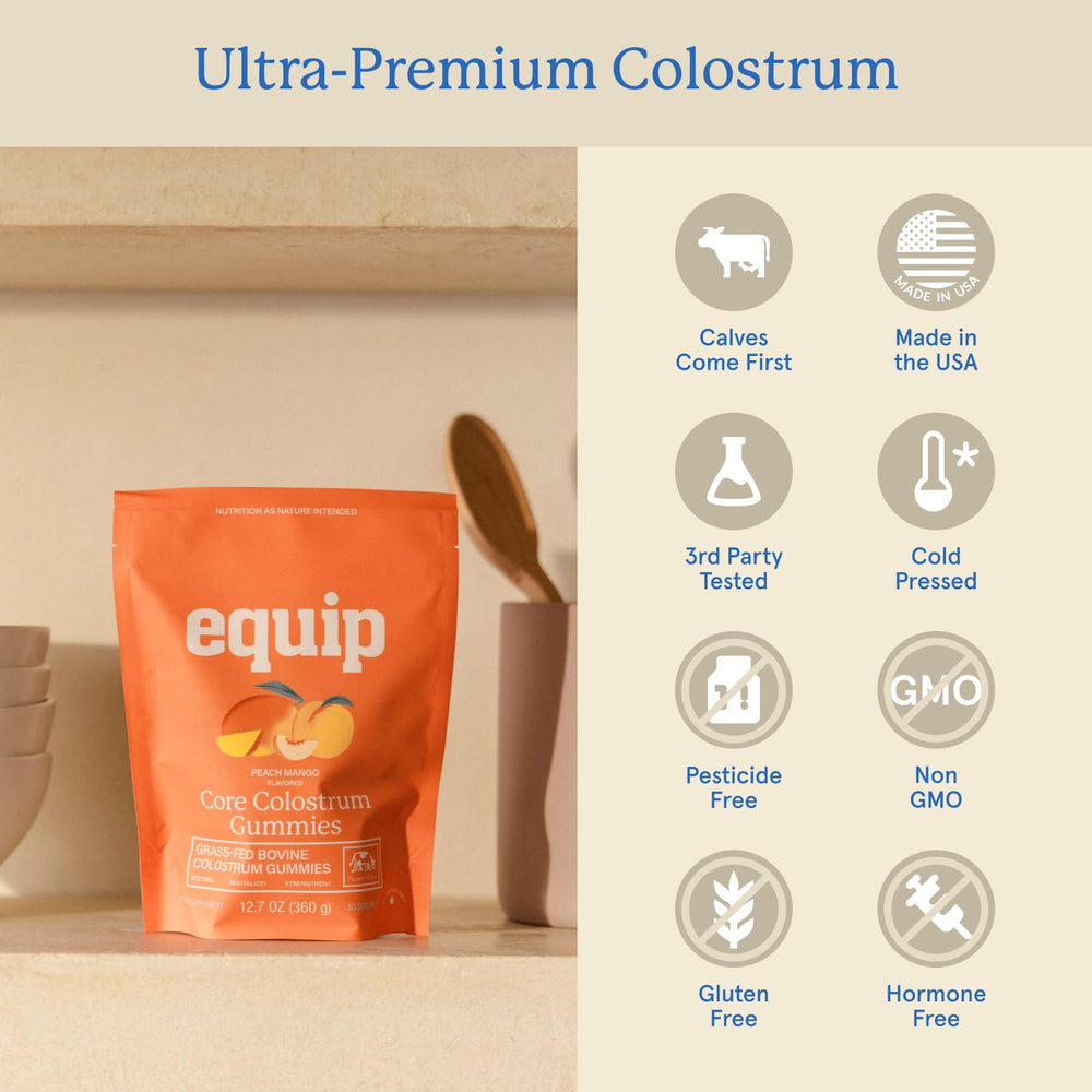 Equip Foods Core Bovine Colostrum Gummies serving-reveal with 30 servings per bottle
