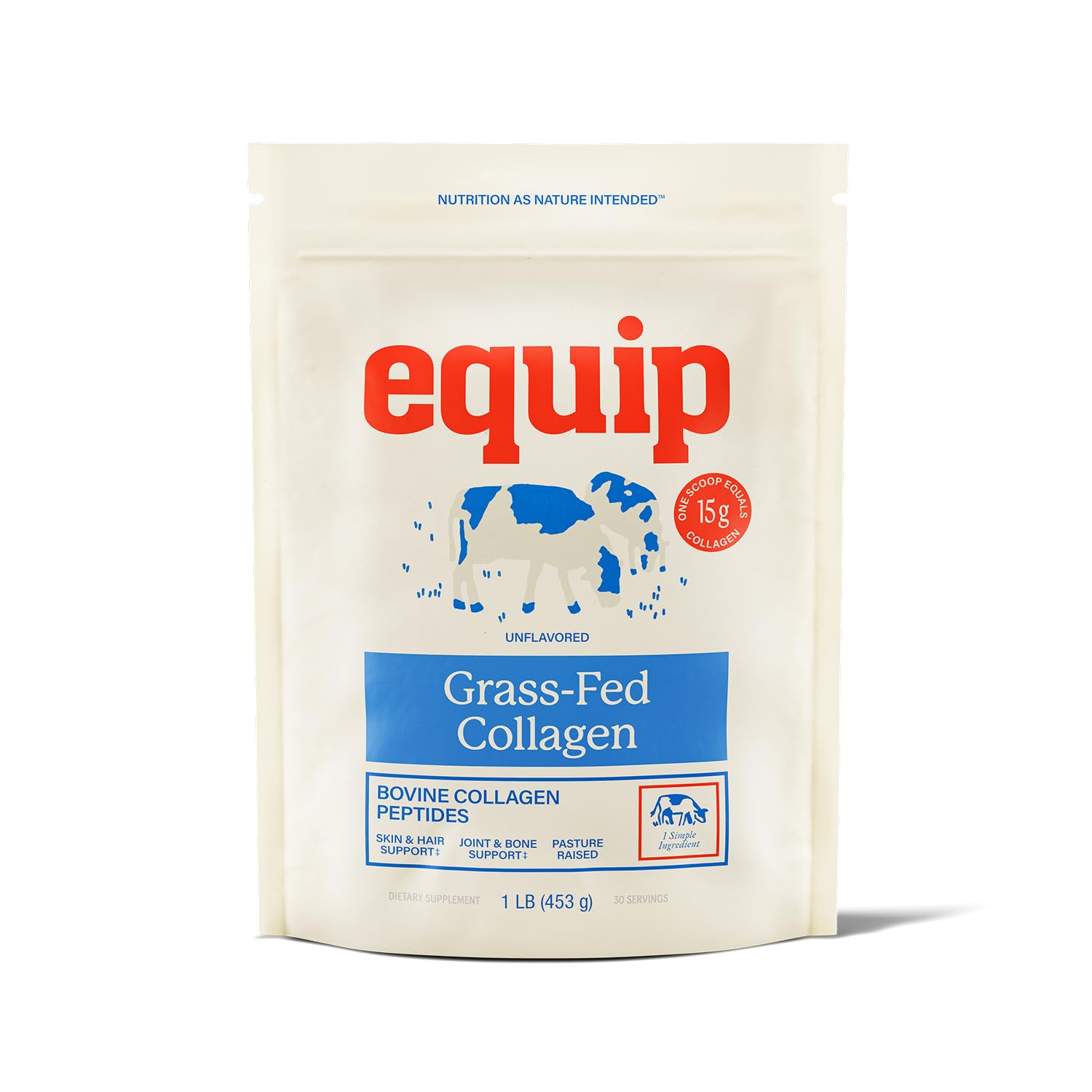 Equip Grass-Fed Collagen Powder bottle shows convenient daily supplement for joints and skin.