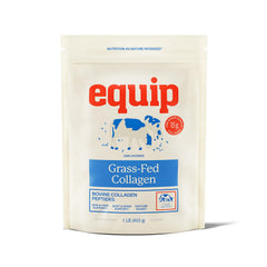 Equip Grass-Fed Collagen Powder bottle shows convenient daily supplement for joints and skin.