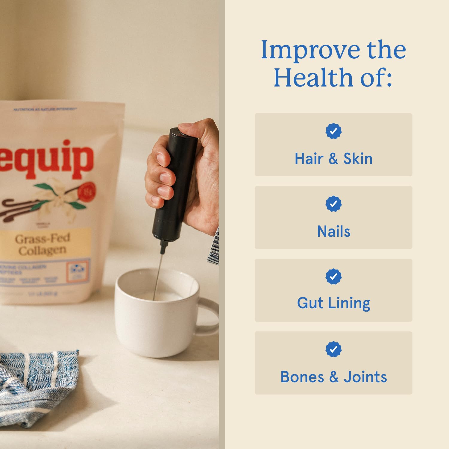 Equip Grass-Fed Collagen Powder chocolate tub emphasizes flavor variety.