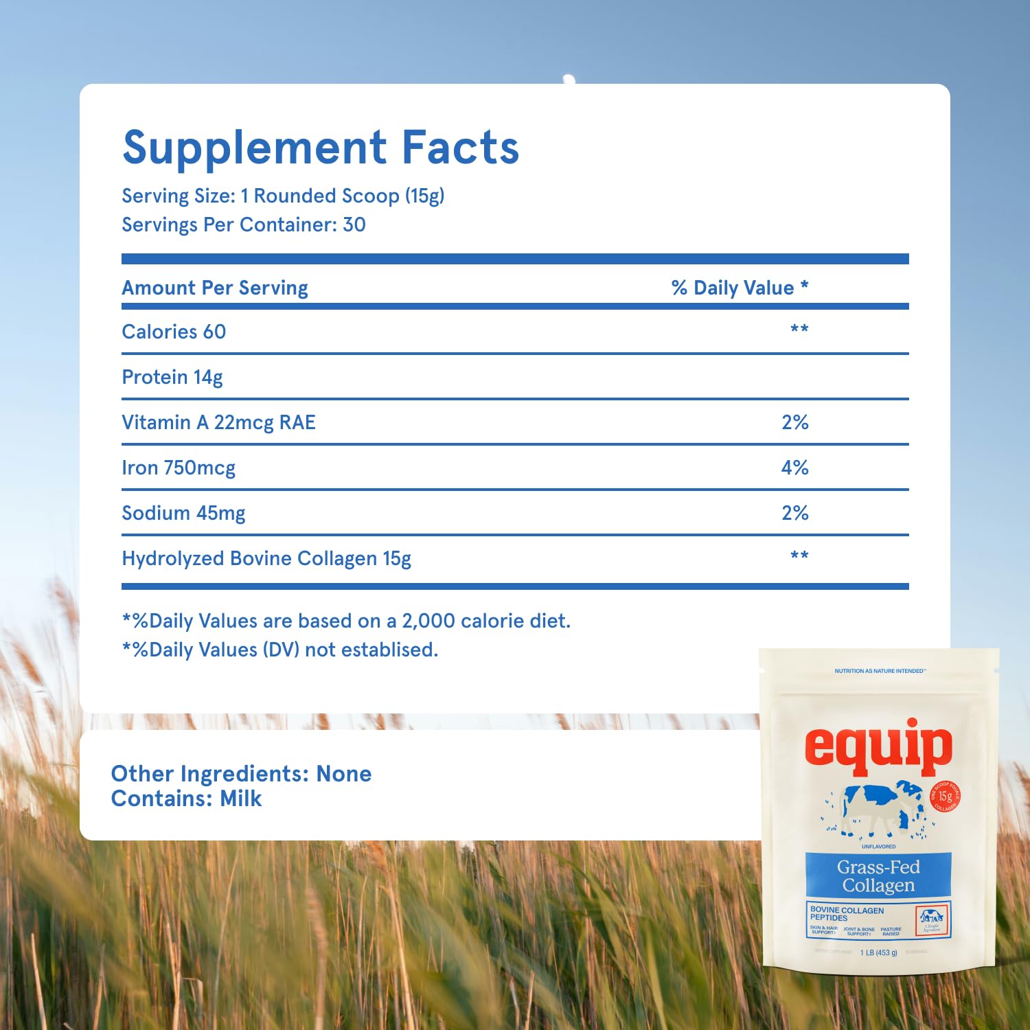 Equip Grass-Fed Collagen Powder label highlights non-GMO, paleo-friendly collagen peptides.