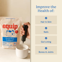 Equip Grass-Fed Collagen Powder tub emphasizes unflavored versatility in shakes.