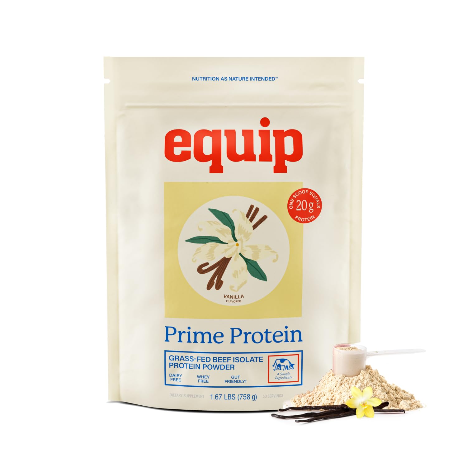 Equip Prime Protein bottle with vanilla flavor, ideal for keto and paleo nutrition.