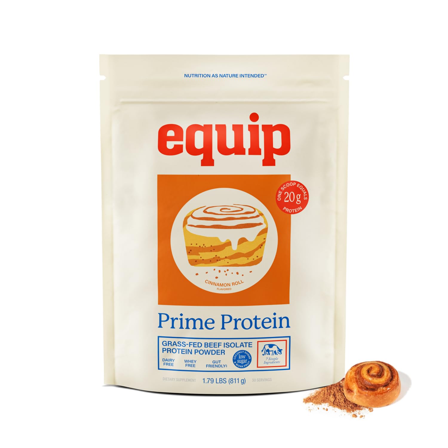 Equip Prime Protein Powder Cinnamon Roll: clean beef protein powder for keto-friendly fueling.