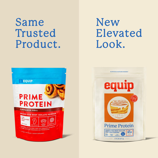 Equip Prime Protein Grass-Fed Beef Isolate Tub: pure protein with no added sugar.